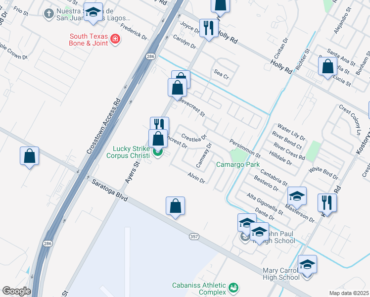 map of restaurants, bars, coffee shops, grocery stores, and more near 6101 Angus Drive in Corpus Christi