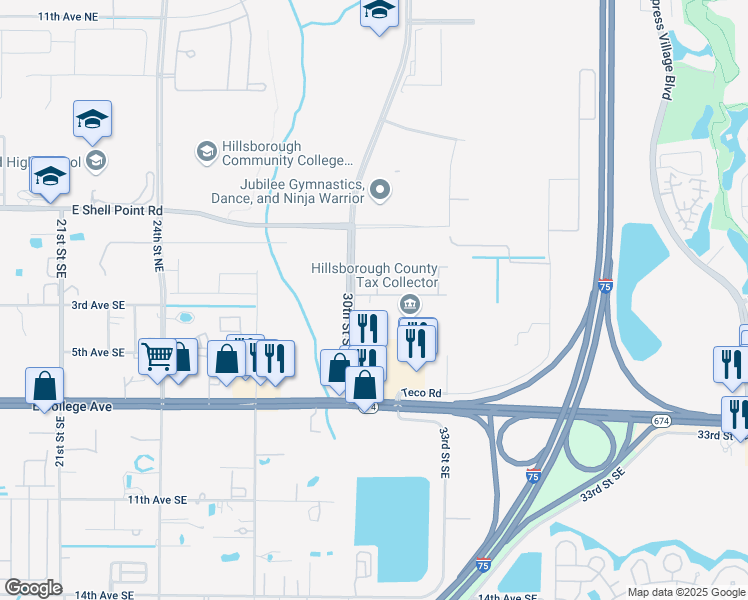 map of restaurants, bars, coffee shops, grocery stores, and more near 410 30th Street Southeast in Ruskin
