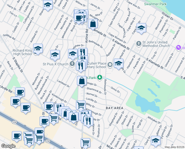 map of restaurants, bars, coffee shops, grocery stores, and more near 834 Alden Drive in Corpus Christi