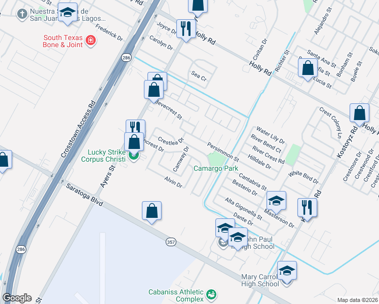 map of restaurants, bars, coffee shops, grocery stores, and more near 2641 Camargo Drive in Corpus Christi