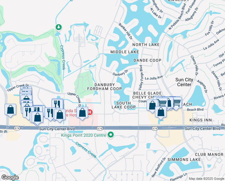 map of restaurants, bars, coffee shops, grocery stores, and more near 1223 Fordham Drive in Sun City Center