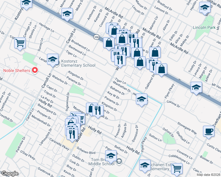 map of restaurants, bars, coffee shops, grocery stores, and more near 4005 Bahama Drive in Corpus Christi