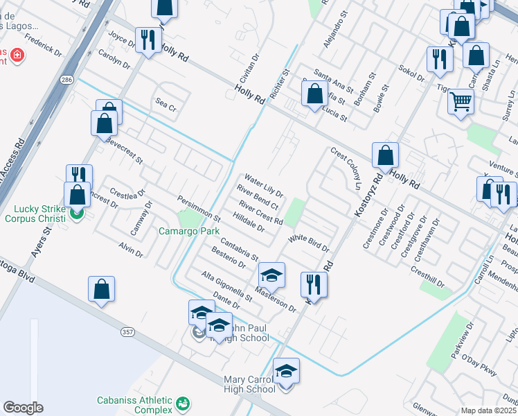 map of restaurants, bars, coffee shops, grocery stores, and more near 2938 River Crest Road in Corpus Christi