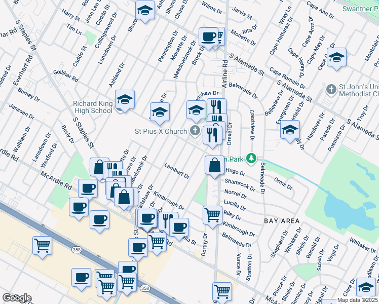 map of restaurants, bars, coffee shops, grocery stores, and more near 909 Salem Drive in Corpus Christi