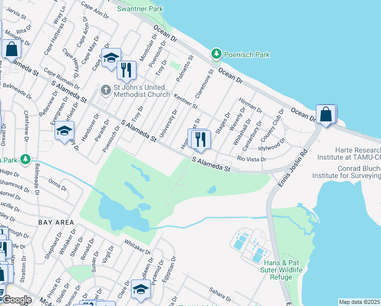 map of restaurants, bars, coffee shops, grocery stores, and more near 480 Glenmore Street in Corpus Christi