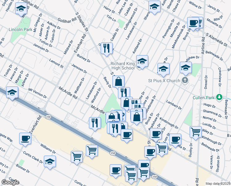map of restaurants, bars, coffee shops, grocery stores, and more near 5122 Bevly Drive in Corpus Christi