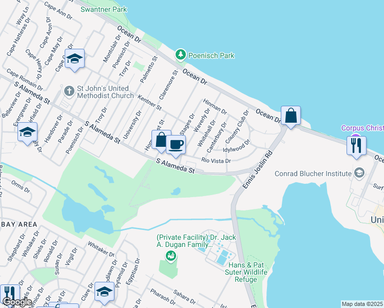map of restaurants, bars, coffee shops, grocery stores, and more near 438 Whitehall Drive in Corpus Christi