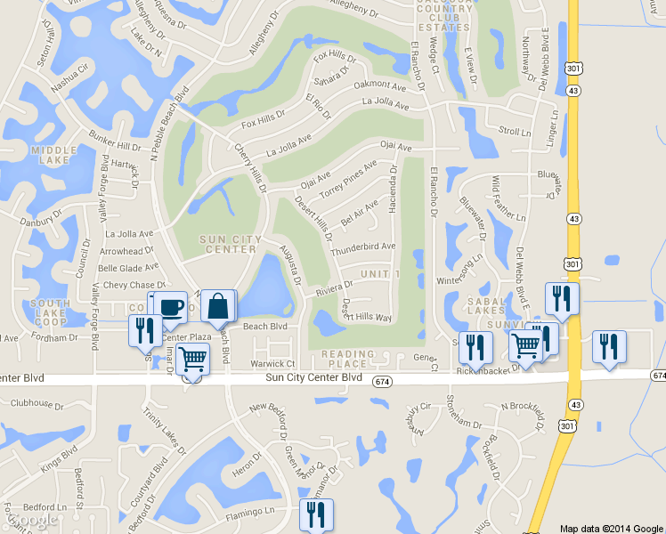 map of restaurants, bars, coffee shops, grocery stores, and more near 1102 Desert Hills Drive in Sun City Center