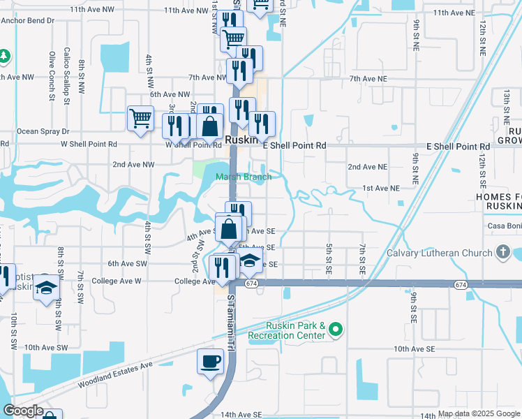 map of restaurants, bars, coffee shops, grocery stores, and more near 106 3rd Avenue Southeast in Ruskin