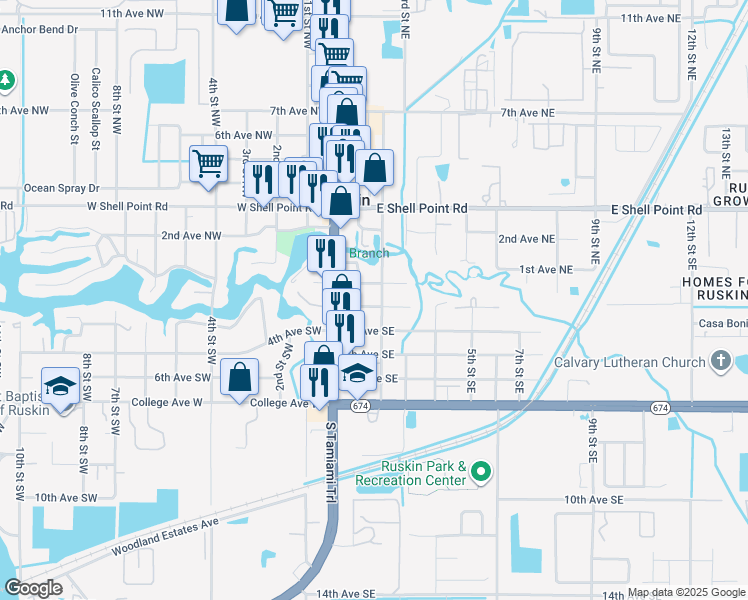 map of restaurants, bars, coffee shops, grocery stores, and more near 106 3rd Avenue Southeast in Ruskin