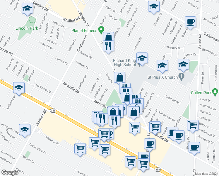 map of restaurants, bars, coffee shops, grocery stores, and more near 5102 Janssen Drive in Corpus Christi
