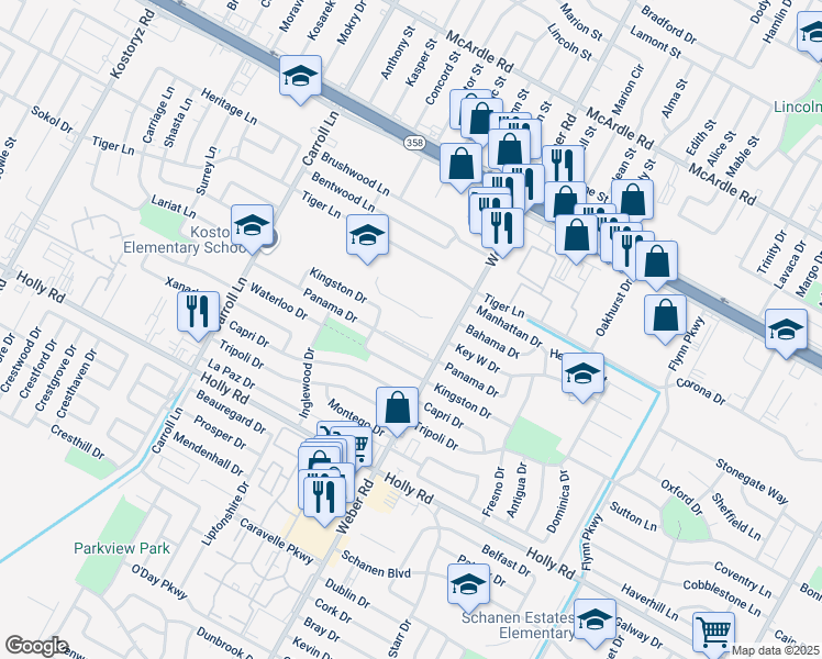 map of restaurants, bars, coffee shops, grocery stores, and more near 3926 Panama Drive in Corpus Christi