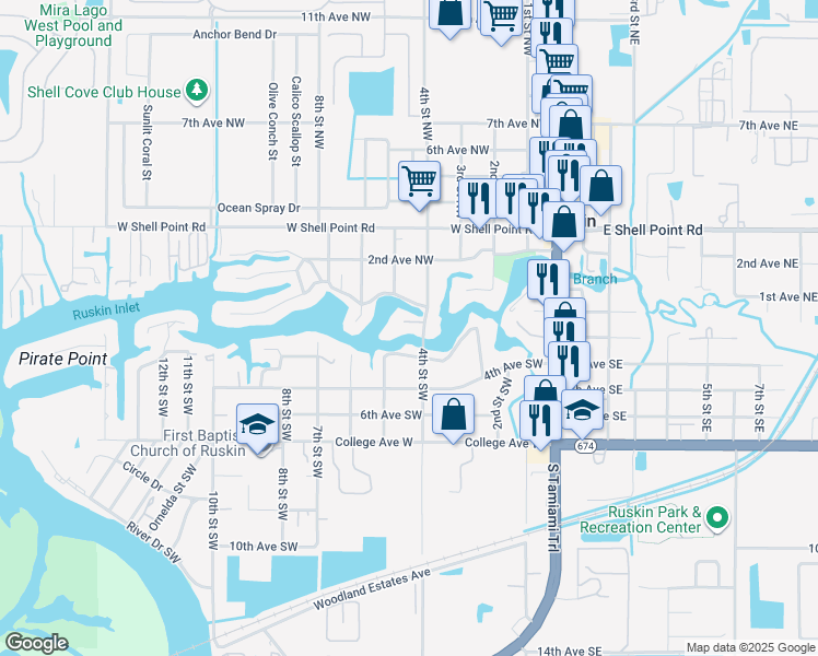 map of restaurants, bars, coffee shops, grocery stores, and more near 404 Inlet Road in Ruskin