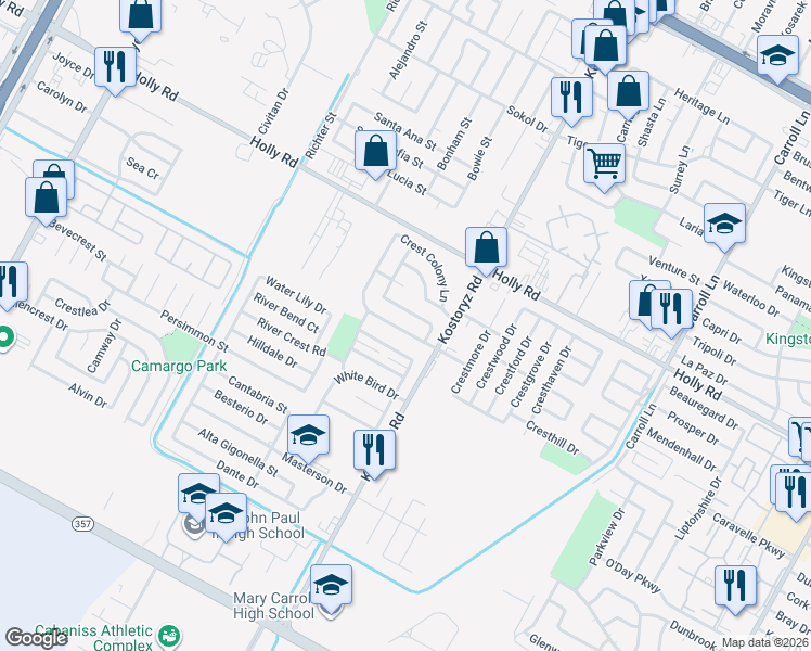 map of restaurants, bars, coffee shops, grocery stores, and more near 3134 Crestwater Drive in Corpus Christi