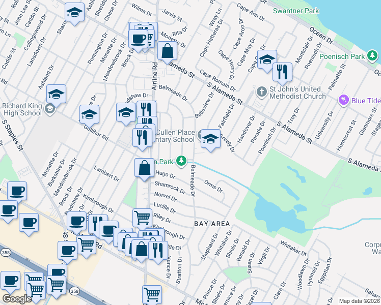 map of restaurants, bars, coffee shops, grocery stores, and more near 857 Belmeade Drive in Corpus Christi
