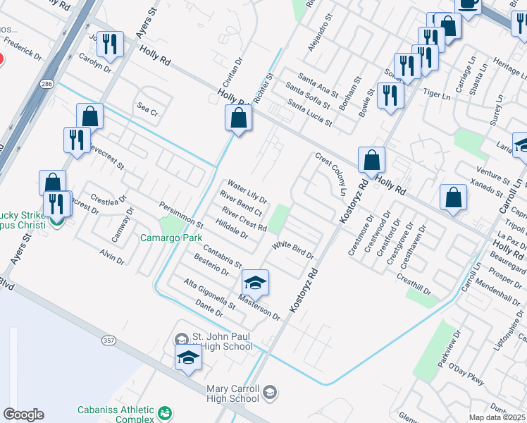 map of restaurants, bars, coffee shops, grocery stores, and more near 5914 Solomon Lane in Corpus Christi
