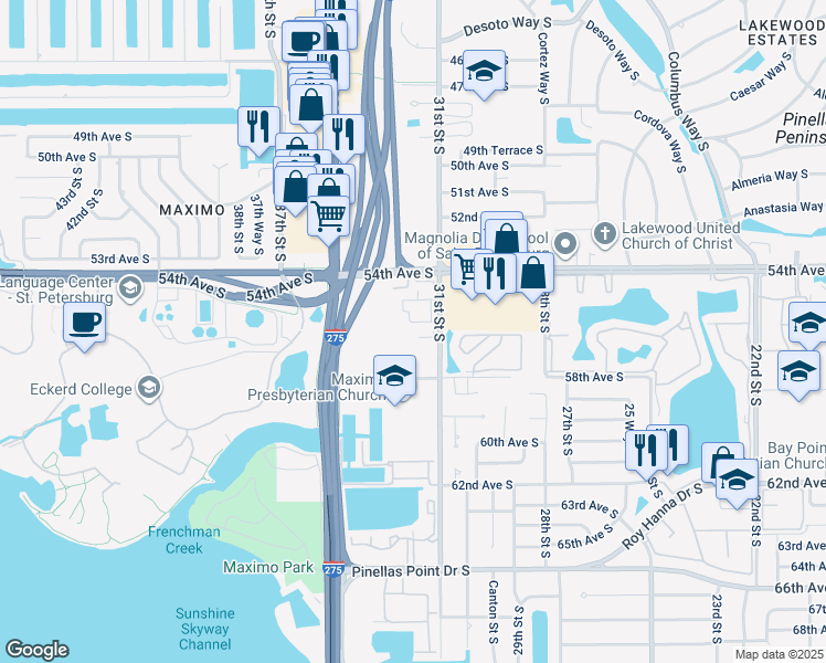 map of restaurants, bars, coffee shops, grocery stores, and more near 5601 31st Street South in Saint Petersburg