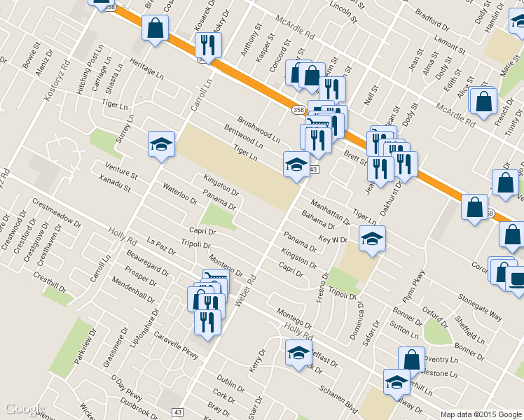map of restaurants, bars, coffee shops, grocery stores, and more near 3926 Panama Drive in Corpus Christi