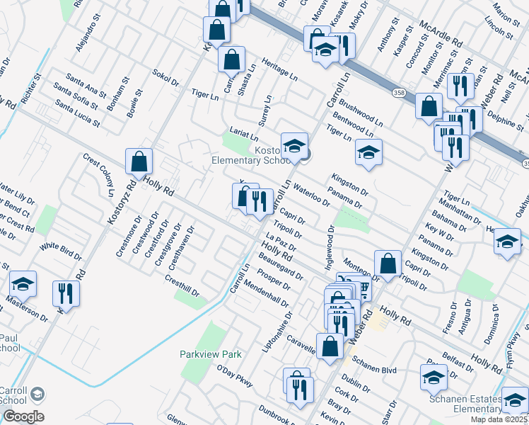 map of restaurants, bars, coffee shops, grocery stores, and more near 5633 Carroll Lane in Corpus Christi