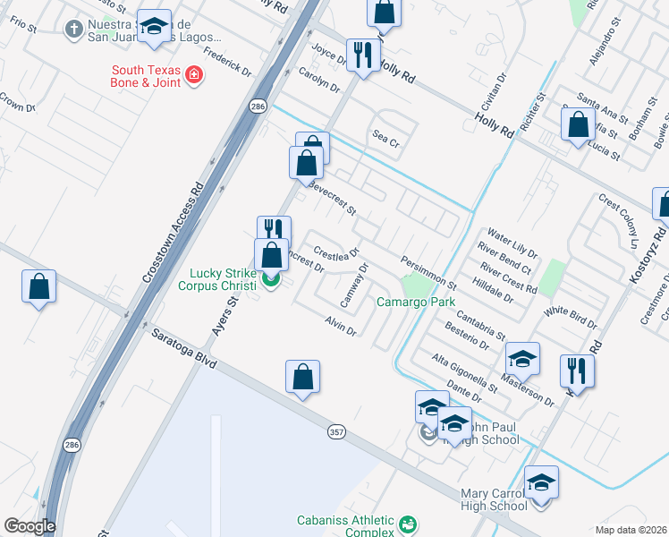 map of restaurants, bars, coffee shops, grocery stores, and more near 6101 Angus Drive in Corpus Christi