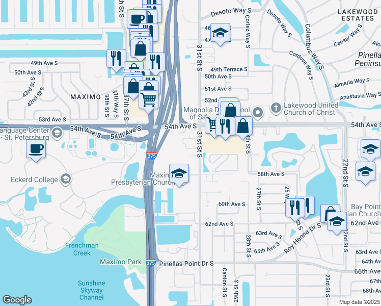 map of restaurants, bars, coffee shops, grocery stores, and more near 5601 31st Street South in Saint Petersburg