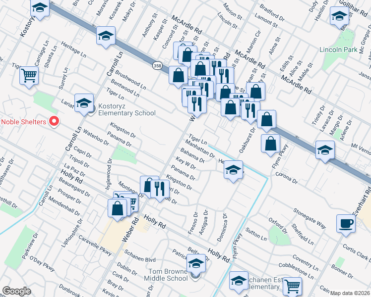 map of restaurants, bars, coffee shops, grocery stores, and more near 4005 Bahama Drive in Corpus Christi