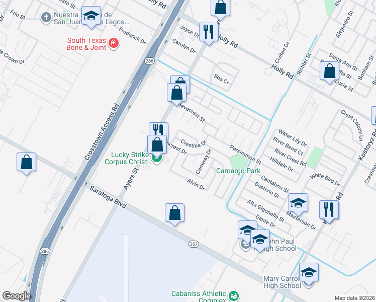 map of restaurants, bars, coffee shops, grocery stores, and more near 6101 Angus Drive in Corpus Christi