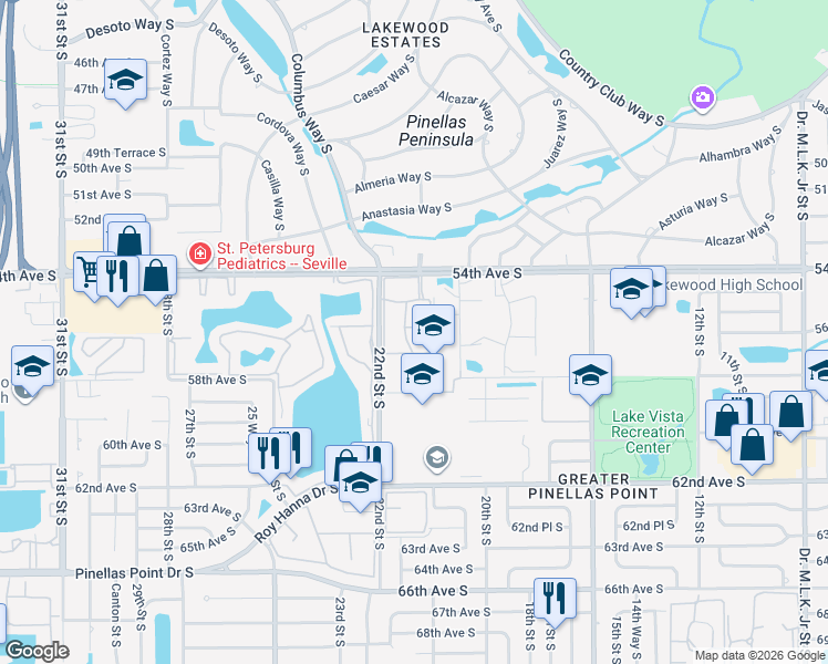 map of restaurants, bars, coffee shops, grocery stores, and more near 5639 21st Way South in St. Petersburg
