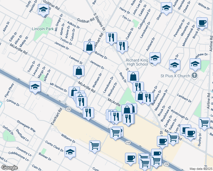 map of restaurants, bars, coffee shops, grocery stores, and more near 4801 Lansdown Drive in Corpus Christi