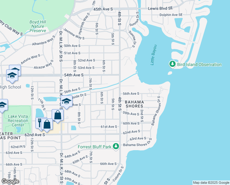 map of restaurants, bars, coffee shops, grocery stores, and more near 5597 5th Street South in St. Petersburg