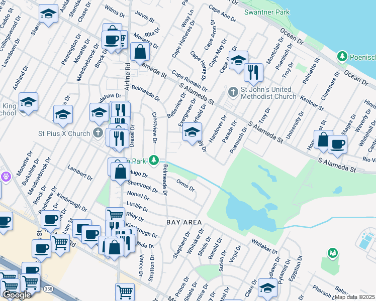 map of restaurants, bars, coffee shops, grocery stores, and more near 5225 Greely Drive in Corpus Christi