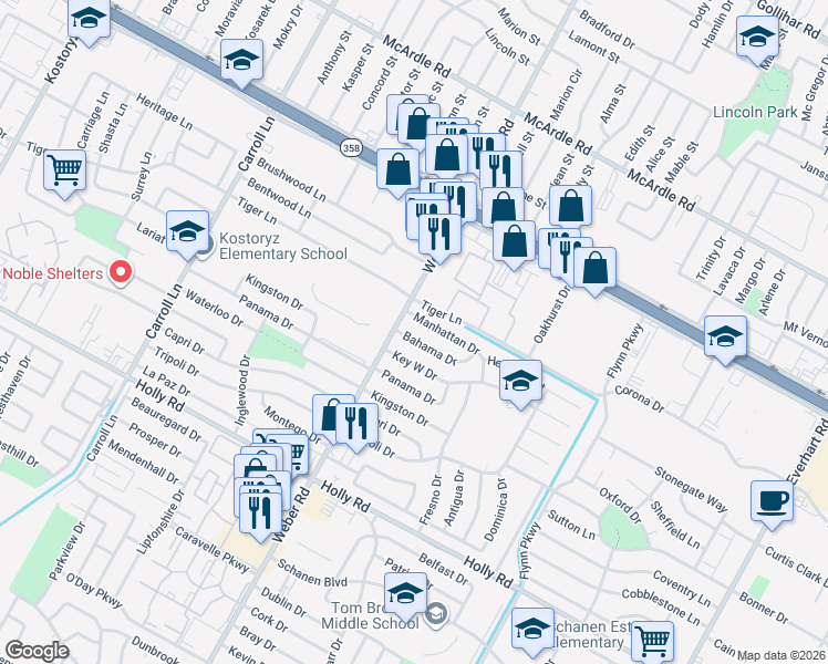 map of restaurants, bars, coffee shops, grocery stores, and more near 4005 Bahama Drive in Corpus Christi
