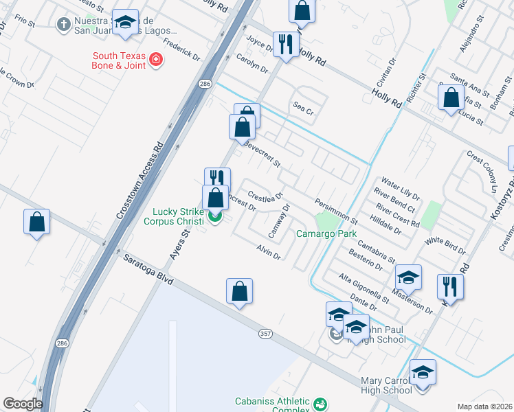 map of restaurants, bars, coffee shops, grocery stores, and more near 6101 Angus Drive in Corpus Christi
