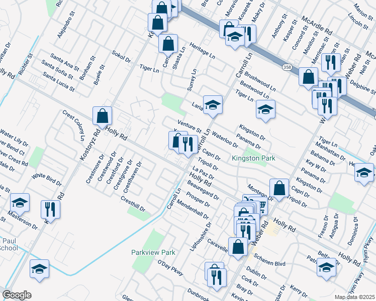 map of restaurants, bars, coffee shops, grocery stores, and more near 5633 Carroll Lane in Corpus Christi