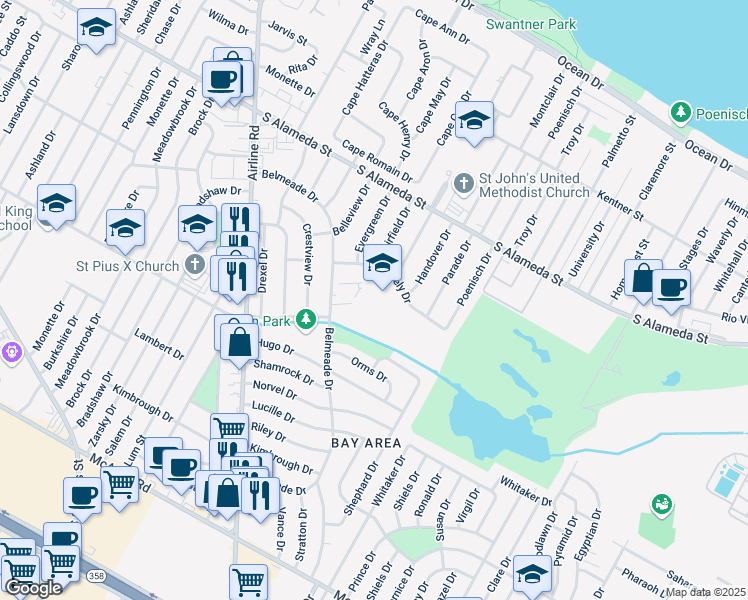 map of restaurants, bars, coffee shops, grocery stores, and more near 5225 Greely Drive in Corpus Christi