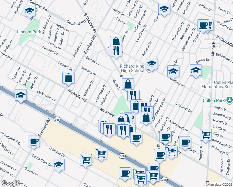 map of restaurants, bars, coffee shops, grocery stores, and more near 4702 Andover Drive in Corpus Christi