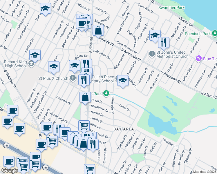 map of restaurants, bars, coffee shops, grocery stores, and more near 857 Belmeade Drive in Corpus Christi