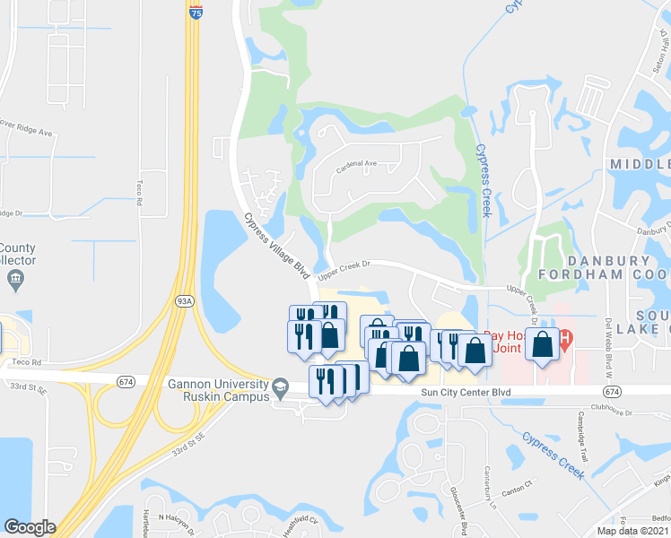 map of restaurants, bars, coffee shops, grocery stores, and more near 3800 Upper Creek Drive in Sun City Center