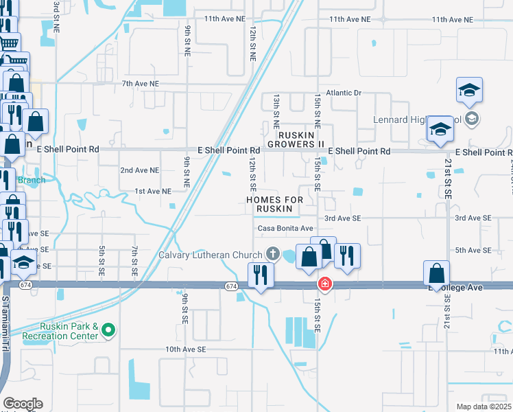 map of restaurants, bars, coffee shops, grocery stores, and more near 224 12th Street Southeast in Ruskin