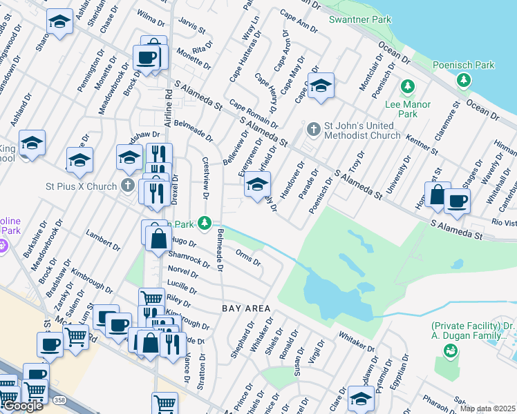 map of restaurants, bars, coffee shops, grocery stores, and more near 5225 Greely Drive in Corpus Christi