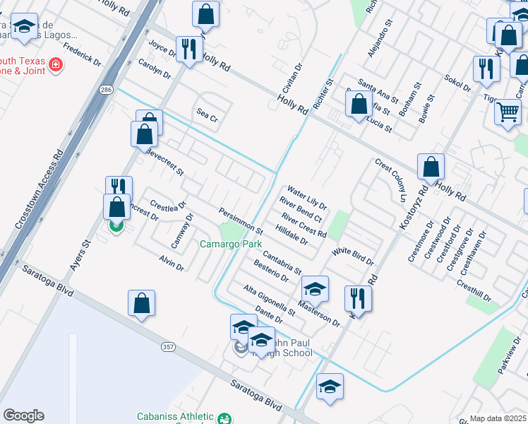 map of restaurants, bars, coffee shops, grocery stores, and more near 6021 Choctaw Drive in Corpus Christi