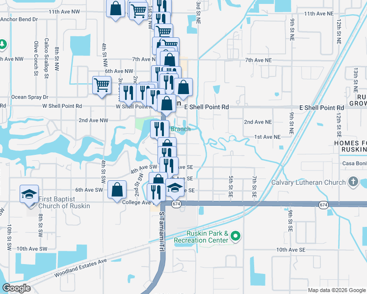 map of restaurants, bars, coffee shops, grocery stores, and more near 106 3rd Avenue Southeast in Ruskin