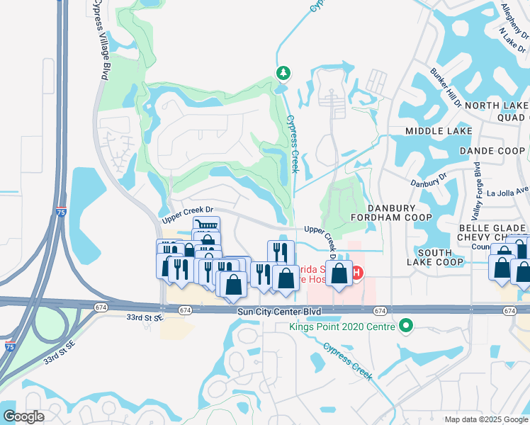 map of restaurants, bars, coffee shops, grocery stores, and more near 3850 Upper Creek Drive in Sun City Center