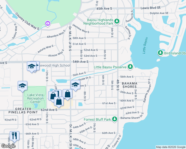 map of restaurants, bars, coffee shops, grocery stores, and more near 700 Hillside Drive South in St. Petersburg