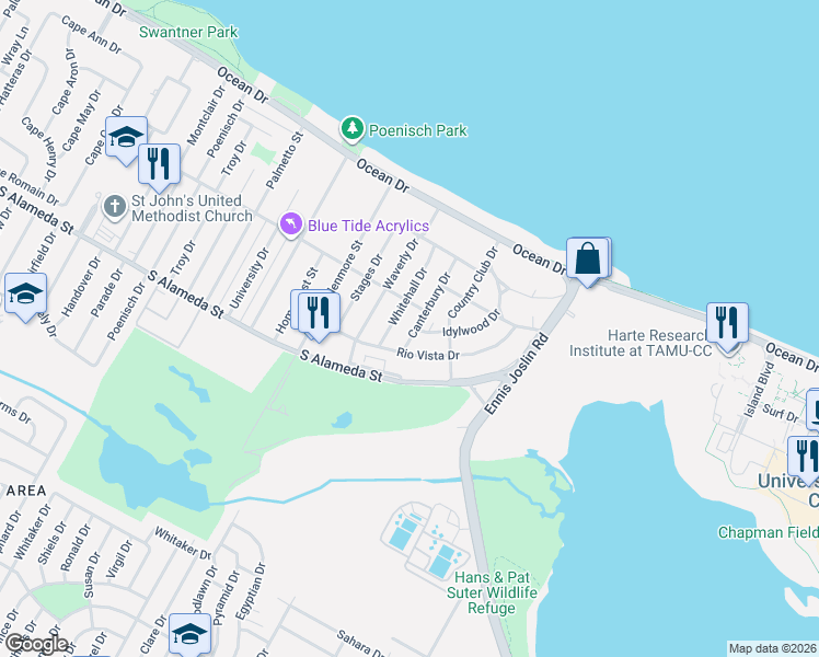 map of restaurants, bars, coffee shops, grocery stores, and more near 425 Canterbury Drive in Corpus Christi