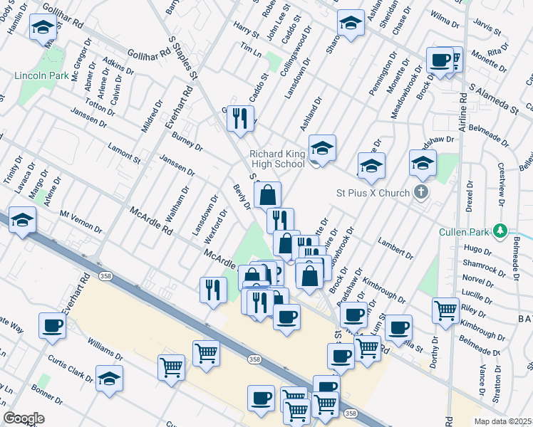 map of restaurants, bars, coffee shops, grocery stores, and more near 5122 Bevly Drive in Corpus Christi