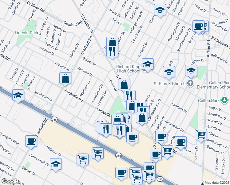 map of restaurants, bars, coffee shops, grocery stores, and more near 4702 Andover Drive in Corpus Christi