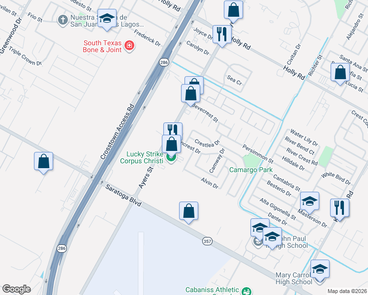 map of restaurants, bars, coffee shops, grocery stores, and more near 6110 Ayers Street in Corpus Christi