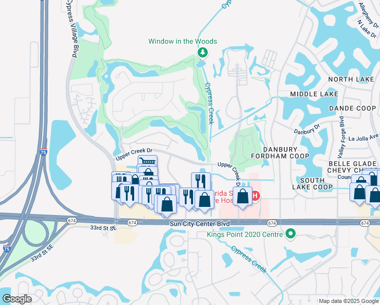 map of restaurants, bars, coffee shops, grocery stores, and more near 3850 Upper Creek Drive in Sun City Center
