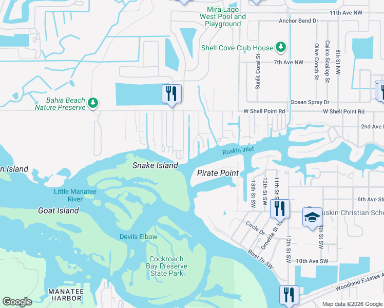 map of restaurants, bars, coffee shops, grocery stores, and more near 1423 Deirdre Drive in Ruskin